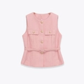 Elegante Weste aus rosa Tweed mit Rundhals, Goldknöpfen und passendem Taillengürtel - XS / Rosa