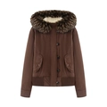 Chaqueta parka para mujer marrón oscuro con cuello de pelo sintético y forro de borreguito - S / café