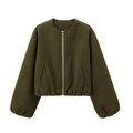 Detalle de chaqueta bomber verde oscuro con cuello redondo, cremallera y dobladillo - XS / verde oliva