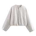 Women's cream round neck short bomber jacket with metal zipper and elastic hem - XS / Milky White
