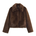 Brown faux fur short jacket with wide lapel collar, premium texture on white background - S / Dark Brown