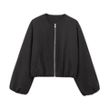 Detail of a black round neck bomber jacket with silver zipper and puff sleeves style - Black