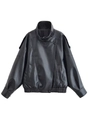 Detailansicht der schwarzen Kunstlederjacke mit Stehkragen und strukturierter Lychee-Narbung - XS / Schwarz