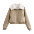 Chaqueta aviadora para mujer en ante caqui con cuello de borreguillo sintético blanco - XS / Blanco Roto