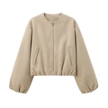 Chaqueta de mujer caqui claro con cuello redondo y mangas de linterna en tejido de lana - XS / Caqui