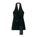 Elegant black velvet halter neck short dress featuring a deep V-neck and fringe tassel tie - XS / Black