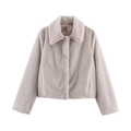 Close-up detail of plush faux fur jacket texture with lapel collar in elegant taupe gray - S / Light Gray