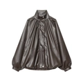 Dark brown leather effect bomber jacket with high collar and radial pleats for women - XS / Coffee
