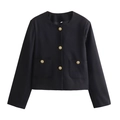Schicke schwarze Kurzjacke mit Rundhalsausschnitt, Goldknöpfen und vorderen Taschen - XS / Schwarz
