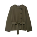 Women's dark green knitted short coat with stylish belt and large black buttons - S / Green