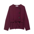 Women's wine red knit cardigan jacket with belted waist and stylish side buttons - S / Burgundy