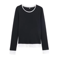 Women's minimalist double-layer contrast trim long sleeve top in black and white - XS / Tops / Black