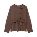 Brown knitted short cardigan coat with side buttons and matching waist belt for women - S / Dark Brown