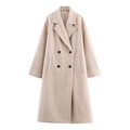 Oversized beige wollen jas met reverskraag en zwarte knopen met dubbele rij sluiting - XS / Melkwit