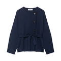 Women's dark blue knitted short coat with waist belt and side buttons in flat lay view - S / Navy Blue
