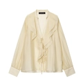 Elegant satin V-neck blouse with ruffled layers and long sleeves in light beige color - XS / Light Yellow