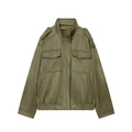 Olive green faux suede bomber jacket with utility pockets and standing collar style - XS / Green