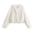 White faux fur jacket with fluffy fringe texture and V-neckline short cut design - XS / White