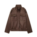 Dark brown faux suede bomber jacket with standing collar and front flap pockets - XS / Red