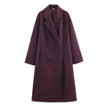 Classic loose wool blend double-breasted coat in dark wine red with lapel collar - Dark Red