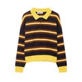 Vintage gestreepte polo gebreide trui met lange mouwen in geel, bruin en marineblauw - S / Geel Geruit