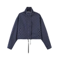 Women's short navy blue jacket with white polka dots and stand-up collar design - Navy Blue Polka Dot Jacket