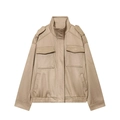 Khaki faux suede casual jacket with stand collar, shoulder straps and utility pockets - XS / Khaki
