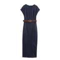 Slim fit dark blue denim maxi dress with vintage leather belt on a white background - XS / Dark Blue