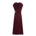 Elegant sleeveless wine red maxi dress with cowl neck and gold flower side pleat detail - S / Burgundy