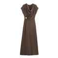 Elegant chocolate brown sleeveless maxi dress with draped cowl neck and gold floral buckle - S / Brown