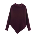 Jersey de cuello alto burdeos para mujer con dobladillo asimétrico y punto acanalado - Talla única / Burdeos