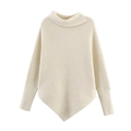 Poncho de punto blanco crema con cuello alto, dobladillo asimétrico y textura acanalada - Talla única / Beige