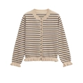 Elegant beige knit cardigan for girls featuring black stripes and ruffled edge details - S / Apricot