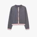 Detail of knit cardigan showing charcoal grey fabric with pink trim and buttons - S / Grey and Pink