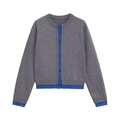 Gray knit cardigan with royal blue contrast trim and round neck in flat lay view - S / Grey and Blue Patchwork