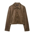 Dunkelbraune Retro-Kurzjacke aus Wildlederimitat mit Reverskragen und Knopfleiste - XS / Dunkelbraun