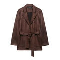 Faux suede longline jacket in dark brown with waist belt and large patch pockets - XS / Chestnut