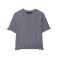 Short-sleeve grey knit sweater featuring ruffled hems and minimalist round neckline - S / Gray