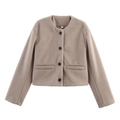 Women's light brown wool blend cropped jacket with round neck and black buttons - XS / Khaki