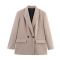 Dames oversized blazer in kaki met dubbele rij knopen en klassieke klepzakken - XS / Zandkleur