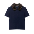 Short-sleeved navy knit cardigan featuring a stylish leopard faux fur collar and buttons - S / Navy Blue