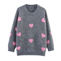 Jersey gris de punto con cuello redondo y corazones rosas de estilo holgado - Talla única / Gris