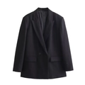 Close-up of the notched lapel, black button, and flap pocket on a structured blazer - Black