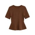 Women's dark brown short sleeve knit top with crew neck and peplum hem decoration - S / Caramel color