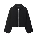 Women's black cropped puff jacket with zipper closure and classic collar on white background - XS / Black