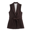 Veste blazer sans manches marron foncé avec ceinture et rayures latérales sur fond blanc - XS / Gilet de costume / Brun Foncé