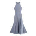 Elegante vestido largo sin mangas azul grisáceo con dobladillo de sirena plisado y fluido - S / Gris claro