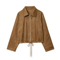 Brown faux suede cropped jacket with notched lapels and metallic zipper closure - XS / Camel