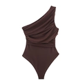 Dark brown one-shoulder bodysuit with ruched mesh fabric and high-cut leg detail - S / Dark Brown