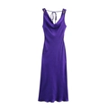 Elegantes lila Satin-Midikleid mit Wasserfallausschnitt, Jacquard-Muster und Golddetails - XS / Lila